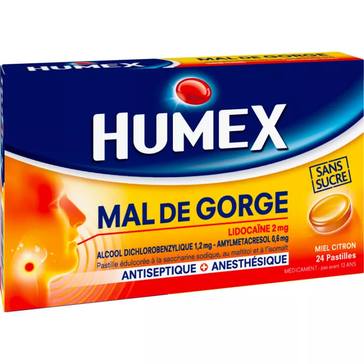 Humex Mal de Gorge Lidocaïne Miel Pastilles Sans Sucre x24