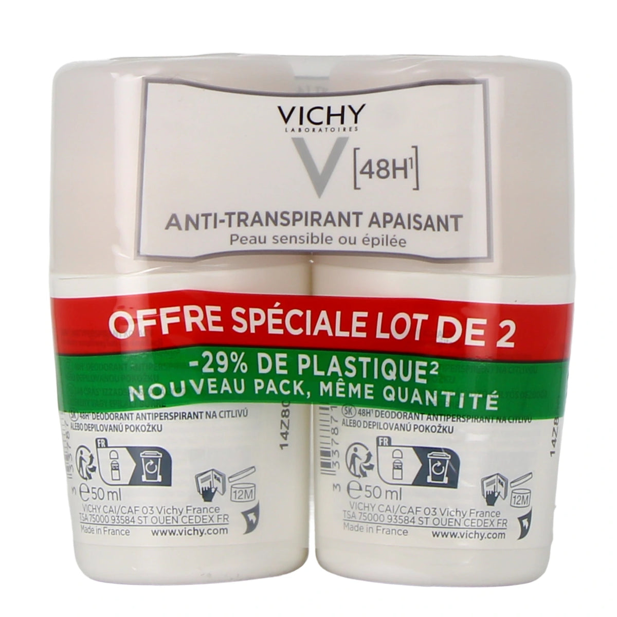 Vichy Déodorant Anti-Transpirant Apaisant 48h Peau Sensible – Lot de 2 x 50 ml