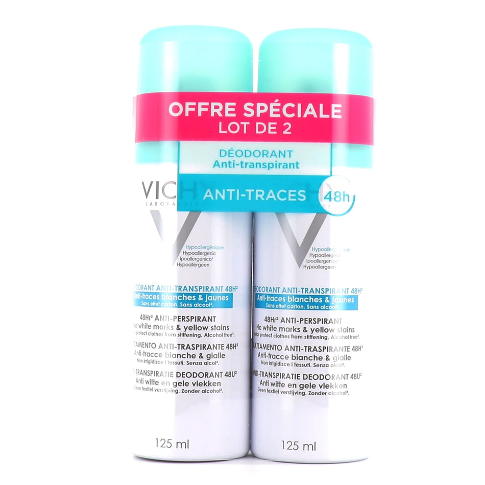Vichy Traitement Anti-Transpirant 48h Anti-Traces – Lot de 2 x 125 ml